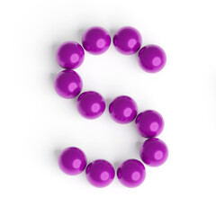 Capital letter S from purple balls. Font from shiny glossy balls. 3d illustration. White background. Lettering design element. Bright festive font.