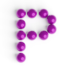Capital letter P from purple balls. Font from shiny glossy balls. 3d illustration. White background. Lettering design element. Bright festive font.
