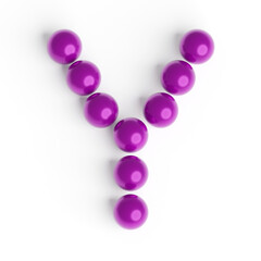 Capital letter Y from purple balls. Font from shiny glossy balls. 3d illustration. White background. Lettering design element. Bright festive font.