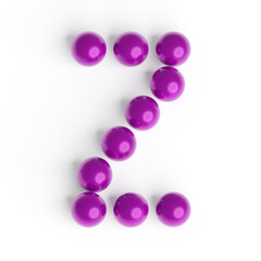 Capital letter Z from purple balls. Font from shiny glossy balls. 3d illustration. White background. Lettering design element. Bright festive font.