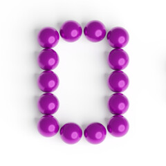 Capital letter O from purple balls. Font from shiny glossy balls. 3d illustration. White background. Lettering design element. Bright festive font.