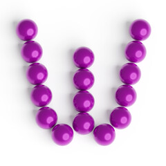 Capital letter W from purple balls. Font from shiny glossy balls. 3d illustration. White background. Lettering design element. Bright festive font.