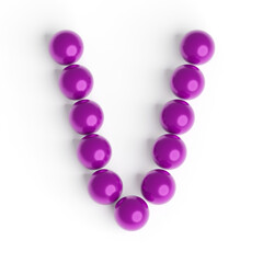 Capital letter V from purple balls. Font from shiny glossy balls. 3d illustration. White background. Lettering design element. Bright festive font.