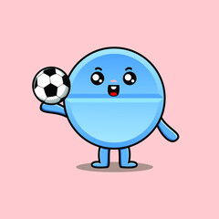 Cute cartoon pill medicine character playing football in concept flat cartoon style illustration