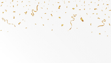 Confetti on a transparent background. Falling shiny golden confetti. Bright golden festive tinsel. Holiday design elements for web banner, poster, flyer, invitation. Vector	