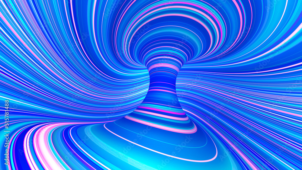 Fototapete Purple curved neon rays and glowing lines. Speed of light. A fantastic whirlwind of threads of space and time. 3D illustration smooth astronomical vortex structure