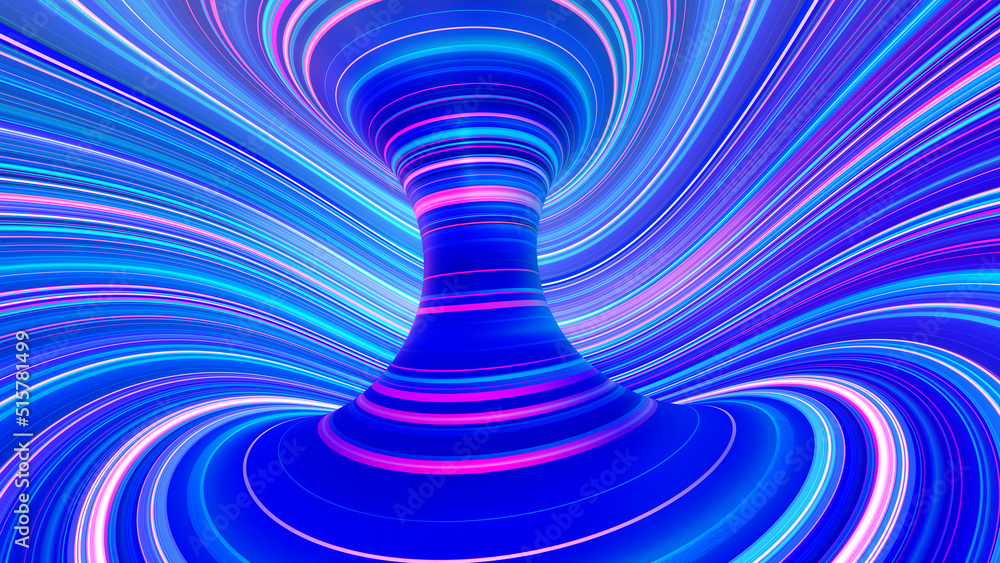 Fototapete Purple curved neon rays and glowing lines. Speed of light. A fantastic whirlwind of threads of space and time. 3D illustration smooth astronomical vortex structure