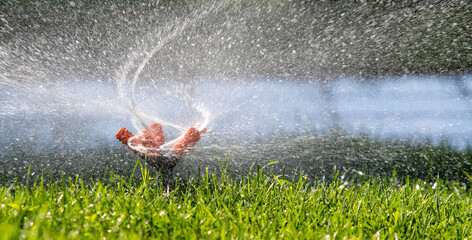 Irrigation system watering green grass, blurred background