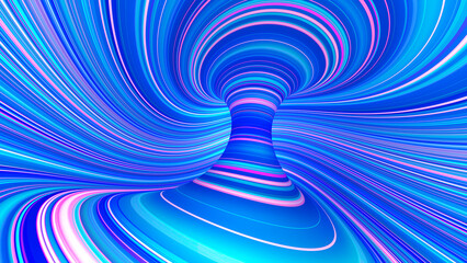 Purple curved neon rays and glowing lines. Speed of light. A fantastic whirlwind of threads of space and time. 3D illustration smooth astronomical vortex structure