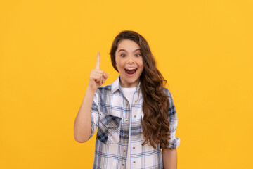 inspired teen child in checkered shirt with long curly hair on yellow background