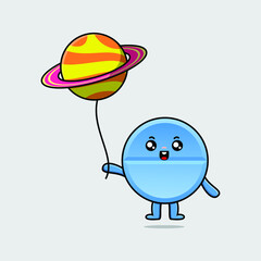 Cute cartoon pill medicine floating with planet balloon cartoon vector illustration 