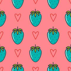 Unusual blue strawberry vector seamless pattern. Modern print with berries and hearts. Summer bright background. Template for packaging, textile, design