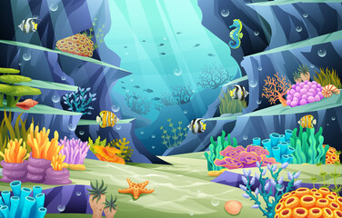Undersea ocean world illustration. Underwater life with fishes and coral reefs on a blue sea background © YG Studio