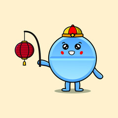 Cute cartoon pill medicine chinese character holding lantern in vector icon illustration