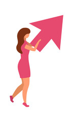Beautiful woman with arrow pointing up semi flat color vector character. Standing figure. Full body person on white. Simple cartoon style illustration for web graphic design and animation