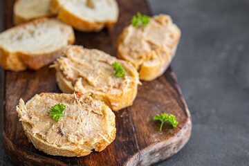 rillettes chicken meat or duck, goose poultry pate cuisine fresh healthy meal food snack on the...