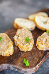 rillettes chicken meat or duck, goose poultry pate cuisine fresh healthy meal food snack on the table copy space food background rustic top view