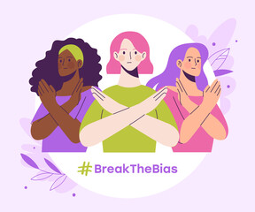 Break The Bias women's day 2022 concept. Poster with a group of women of different ethnic group crossed their arms. Raise awareness against prejudice. Take action for equality.