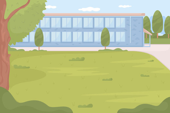 High School Surrounded By Green Schoolyard Flat Color Vector Illustration. Learning Environment. School Facility. Fully Editable 2D Simple Cartoon Landscape With School Building On Background