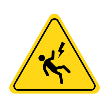 Shock Danger Icon. Voltage Shock Caution Sign With Electric Lightning Pictogram Man. Warning, Danger, Yellow Triangle Sign. Vector Illustration.