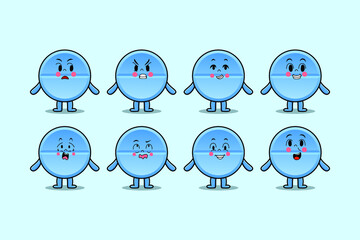 Set kawaii pill medicine cartoon character with different expressions of cartoon face illustrations