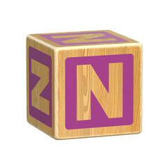 Letter N, Wooden Blocks font for Toddlers,  Wood Alphabet Blocks, ABC Montessori Stacking Letter Preschool Learning Toys - Kindergarten Reading, 3d rendering
