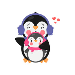 Cute Penguin and baby. Cartoon style. Vector illustration. For card, posters, banners, books, printing on the pack, printing on clothes, fabric, wallpaper, textile or dishes.	