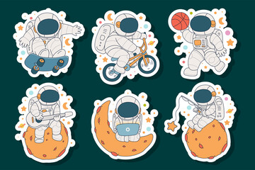 hand drawn cute astronaut sticker illustration design - obrazy, fototapety, plakaty