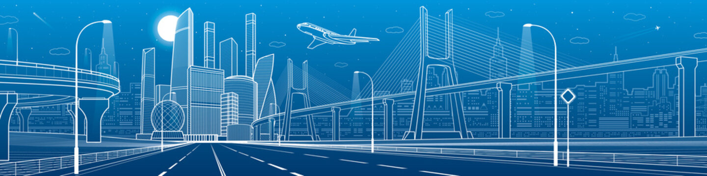 Infrastructure city panorama. Large cable-stayed bridge. Airplane fly. Empty highway. Night modern city on background, towers and skyscrapers, urban scene, vector design art 