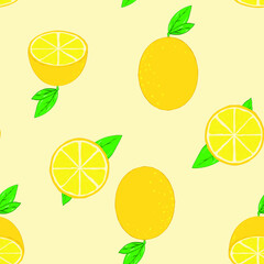 Yellow lemons. Beautiful seamless vector pattern with lemons and leaves. Perfect for wallpapers, web page backgrounds, surface textures, textile design, cover, farmers market, notebooks