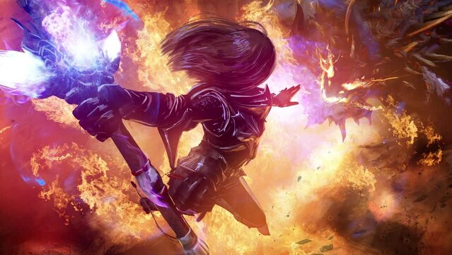 A fearless warrior girl in plate armor with a fiery magic blue sword soared into the sky to deliver a fatal blow to the demonic dragon monster that destroys  the city below. clean looped 2d animation