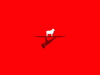 Obraz na płótnie Canvas The chef is serving the sheep on the plate. The sacrifice a sheep for Celebration of Muslim holiday Background. Restaurant and Eid Al Adha concept. red background vector illustration.