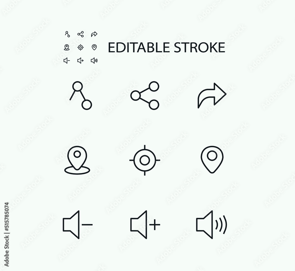 Poster simple set of technology related vector line icons. contains such icons as share, location and sound