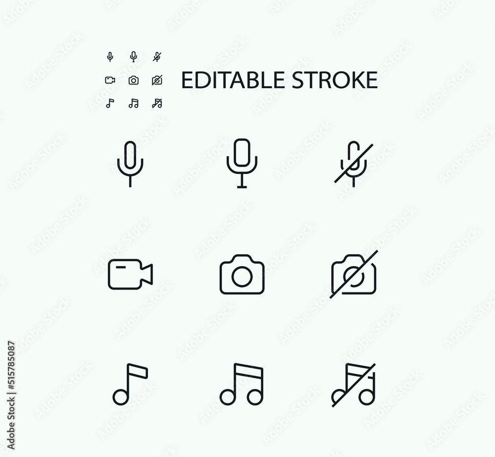 Poster simple set of technology related vector line icons. contains such icons as audio, camera and music a