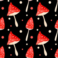 Watercolor seamless pattern for Halloween. Bright amanita mushroom on black background. For various Halloween products.