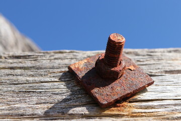 Rusted nut and bolt on old weather worn timber pier.