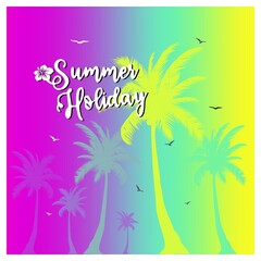 Fototapeta na wymiar Summer holiday. Modern wallapaper, illustration, design with flat palm trees on bright colorful trendy gradient background. Vivid cheerful summer flyer, poster, fabric print design in vector