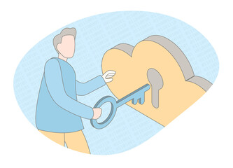 Cloud system for protecting personal and corporate data information of an employee. Character businessman holding a security key to remote access online cloud and protected personal data
