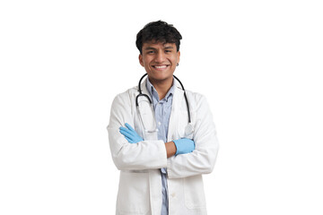 Fototapeta premium Young peruvian male doctor with arms crossed smiling and looking at camera. Isolated over white background.