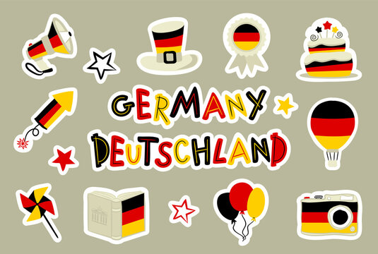 Set of stickers National German Symbols. Isolated elements for National Decor of Germany. Hand drawn Vector illustration for tourism, travel, festive or holiday decoration.