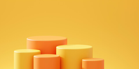 Orange podium product 3d background display stage platform with minimal yellow pedestal scene studio space show stand or geometric object presentation banner and summer fashion advertising backdrop.