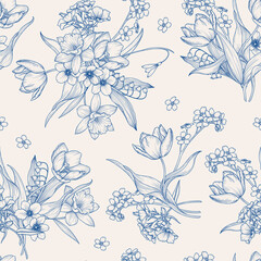 Vintage floral seamless pattern. Spring flowers in graphic style. Blue, retro