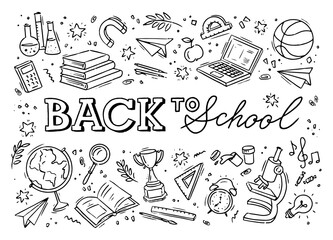 School background with hand drawn school supplies text Back to School lettering vector - 515788464