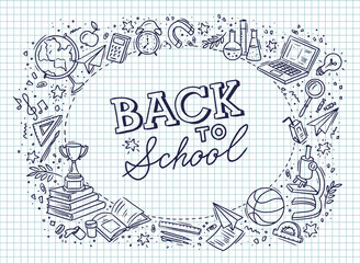 School background with hand drawn school supplies text Back to School. Lettering vector against the background of a notebook sheet in a cage