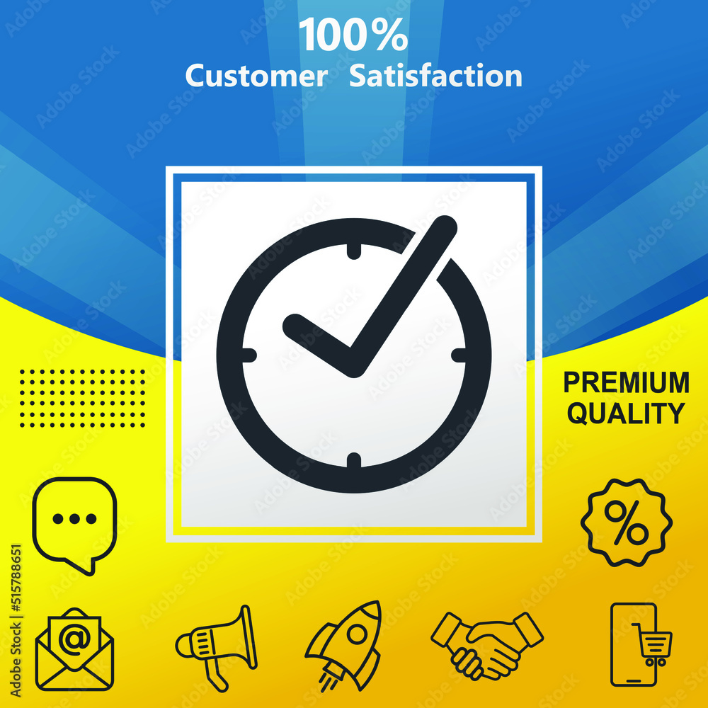 Poster check mark on clock vector glyph color icon. with yellow and blue background option.