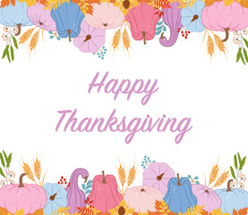 Congratulation card with pink, blue and purple pumpkins. Flat vector pumpkins. Poster Thanksgiving day. Halloween. Card