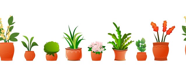 Indoor plants and flowers. In ceramic pots. Seamless horizontal composition. Homemade beautiful herbs. Isolated on white background. Cartoon fun style. Vector