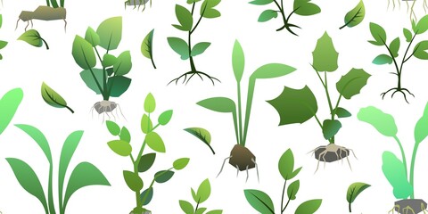 Seedling garden plants with roots. Sowing agricultural material. Seamless pattern. Isolated on white background. Vector