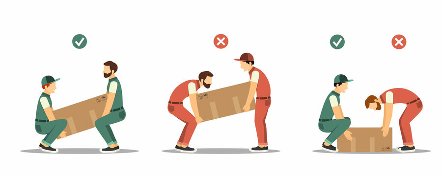 lifting technique. workers load heavy boxes safety and body ergonomic positions. Vector illustrations in cartoon style