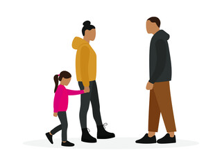 Female character, male character and little girl together on a white background